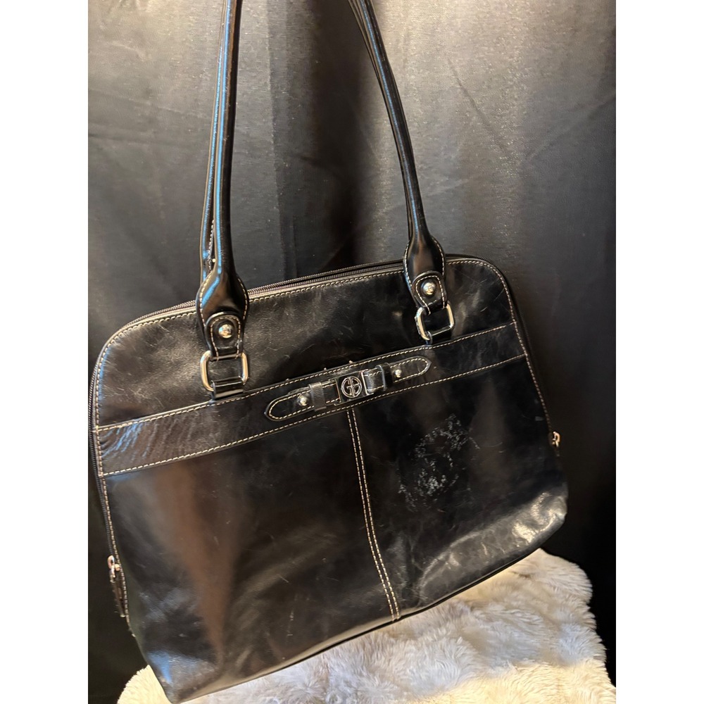Giani Bernini Black Leather Shoulder Bag Tote White Contrast Stitch Silver Logo